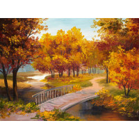 Тихий ручей пересекается мостом в золотом осеннем парке