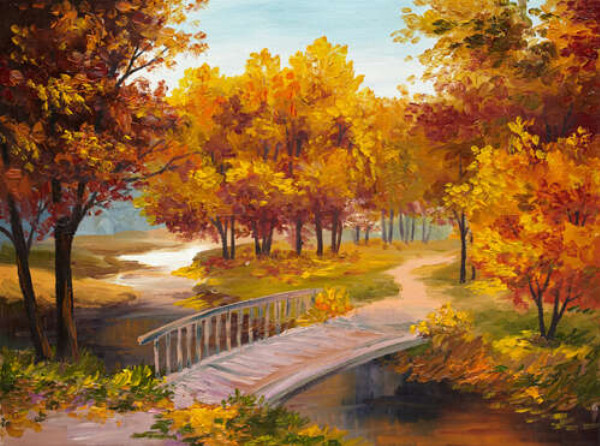 Тихий ручей пересекается мостом в золотом осеннем парке