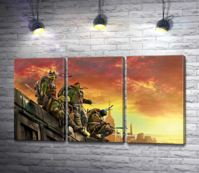 Модульна картина "Черепашки-ніндзя (Teenage Mutant Ninja Turtles) дивляться на вечірнє місто з даху поїзда "
