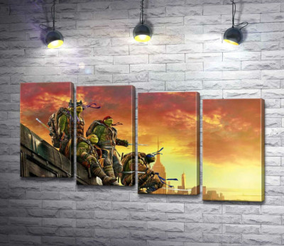 Черепашки-ниндзя (Teenage Mutant Ninja Turtles) смотрят на вечерний город с крыши поезда