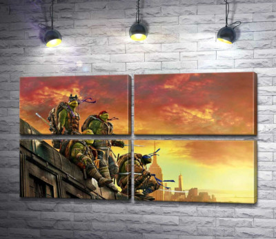 Модульная картина "Черепашки-ниндзя (Teenage Mutant Ninja Turtles) смотрят на вечерний город с крыши поезда"