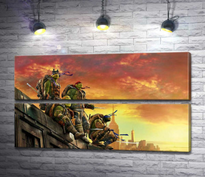 Модульная картина "Черепашки-ниндзя (Teenage Mutant Ninja Turtles) смотрят на вечерний город с крыши поезда"