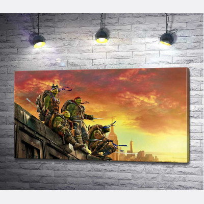 Черепашки-ниндзя (Teenage Mutant Ninja Turtles) смотрят на вечерний город с крыши поезда