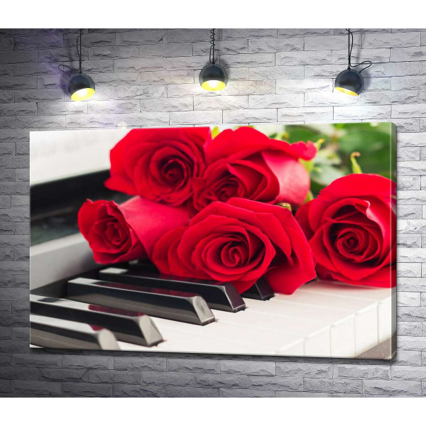 Ніжні пелюстки троянд торкаються мелодійних клавіш білого фортепіано