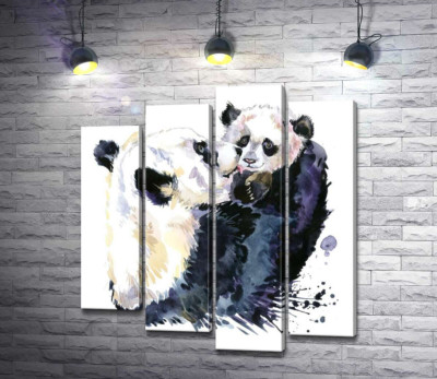 Модульная картина "Заботливая мама-панда облизывает маленького детеныша"