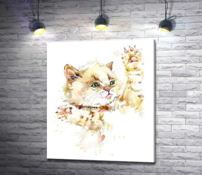 Рыжий котенок играет пушистыми лапками