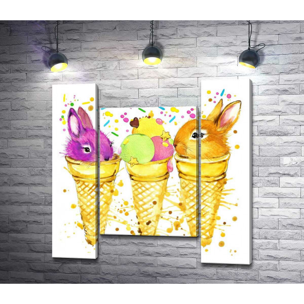 Цветные головки зайчиков выглядывают из конусов мороженого