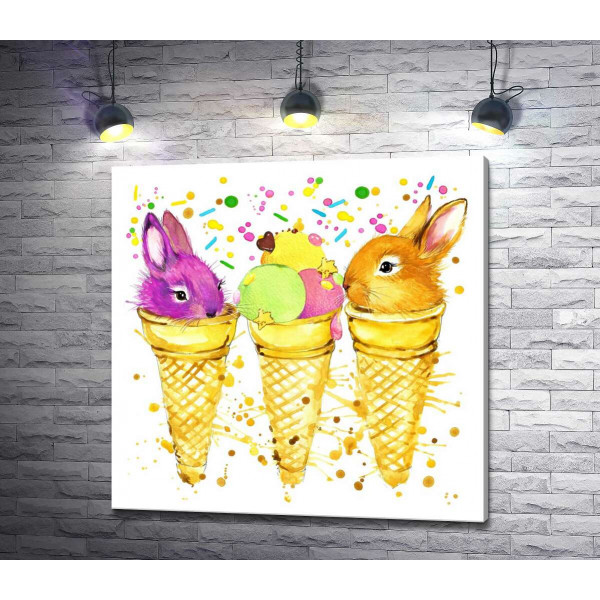 Цветные головки зайчиков выглядывают из конусов мороженого