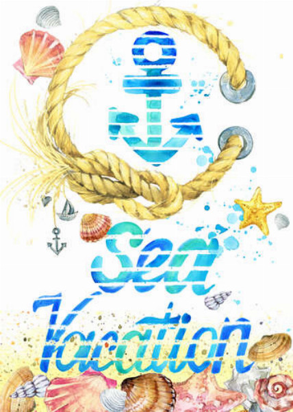 Надпись "Sea vacation" в окружении раковин и морских звезд