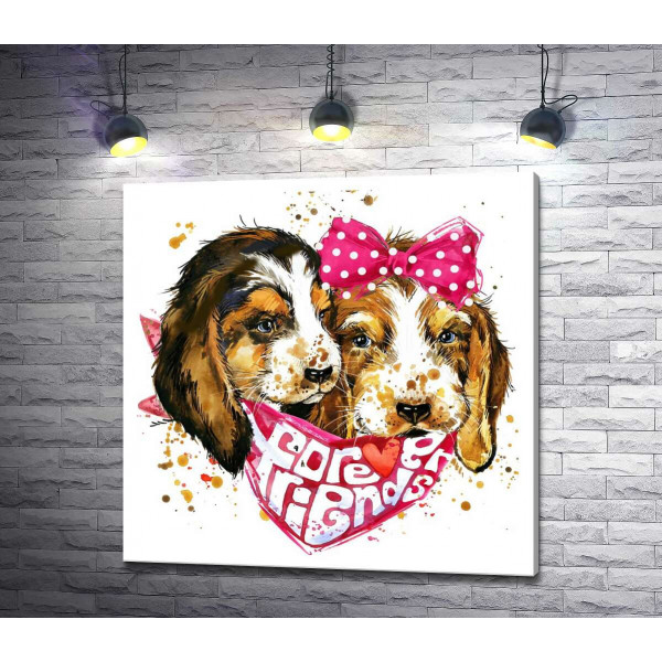 Два пушистых щенка в платке с надписью "forever friends"