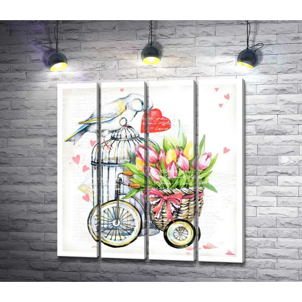 Белая птица держит сердце в клюве рядом с корзиной весенних тюльпанов на велосипеде