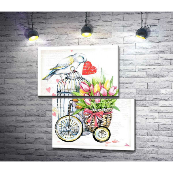 Белая птица держит сердце в клюве рядом с корзиной весенних тюльпанов на велосипеде