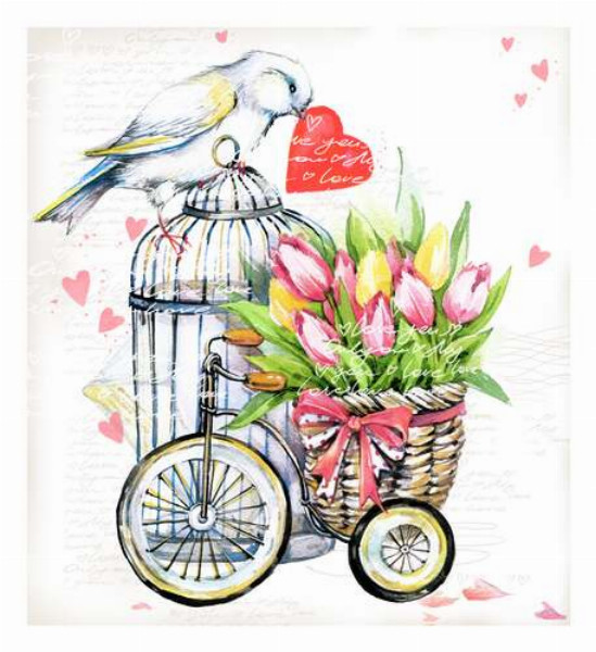 Біла птаха тримає серце у дзьобі поряд з корзиною весняних тюльпанів на велосипеді