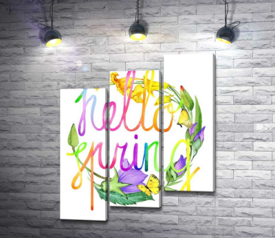 Модульна картина "Веселковий напис "hello spring" на фоні дзвіночків"