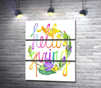 Радужная надпись "hello spring" на фоне колокольчиков