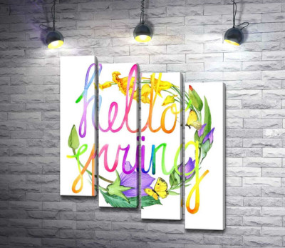 Модульна картина "Веселковий напис "hello spring" на фоні дзвіночків"