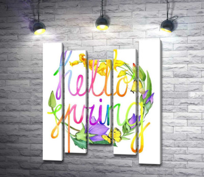 Модульная картина "Радужная надпись "hello spring" на фоне колокольчиков"