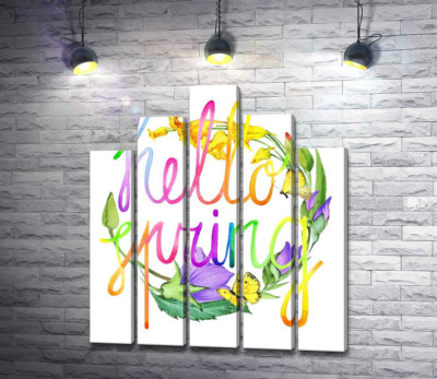 Радужная надпись "hello spring" на фоне колокольчиков