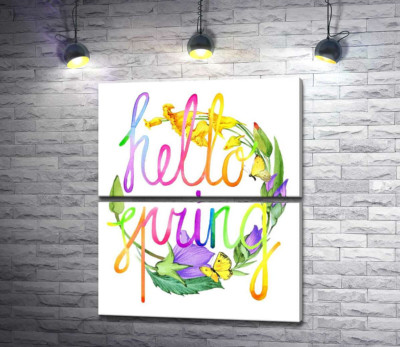 Модульная картина "Радужная надпись "hello spring" на фоне колокольчиков"