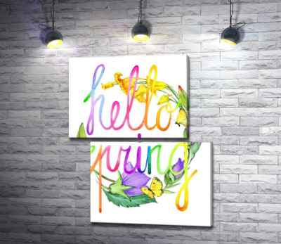 Модульна картина "Веселковий напис "hello spring" на фоні дзвіночків"