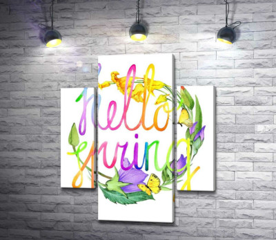 Радужная надпись "hello spring" на фоне колокольчиков