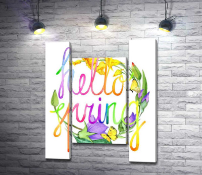 Модульная картина "Радужная надпись "hello spring" на фоне колокольчиков"