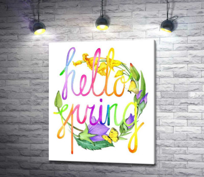 Веселковий напис "hello spring" на фоні дзвіночків