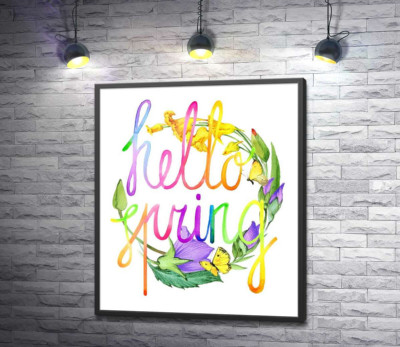 Постер "Веселковий напис "hello spring" на фоні дзвіночків"