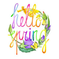 Радужная надпись "hello spring" на фоне колокольчиков