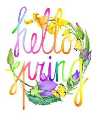 Радужная надпись "hello spring" на фоне колокольчиков