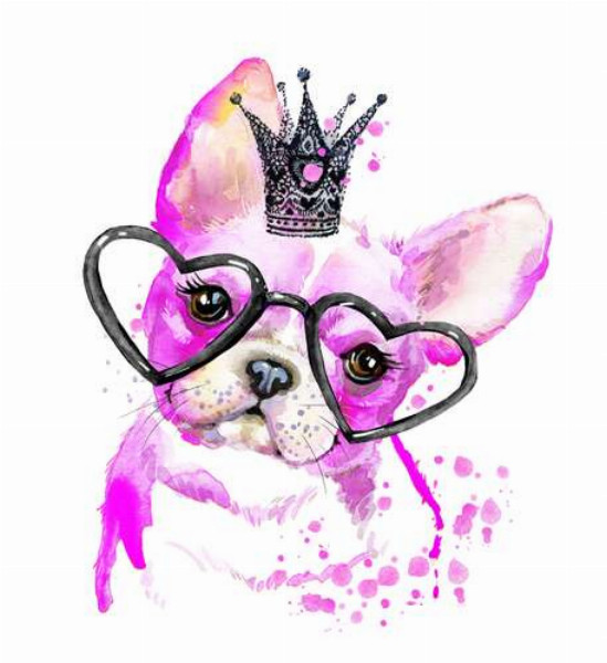 Розовый французский бульдог с короной и очками