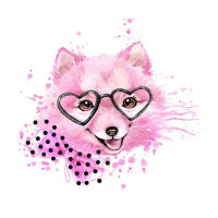 Пушистая мордашка розовой собаки в очках и с бантиком на шее