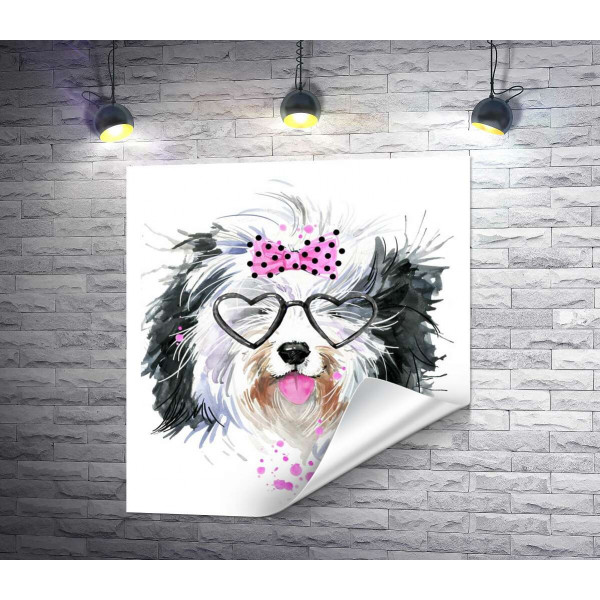 Черно-белая собака в очках и с бантиком