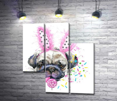 Модульна картина "Мопс із заячими вушками лиже льодяник"