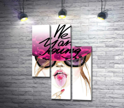 Модульна картина "Дівчина з льодяником в рожевій шляпі з написом "we are young""