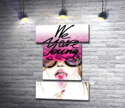 Модульная картина "Девушка с леденцом в розовой шляпе с надписью "we are young""