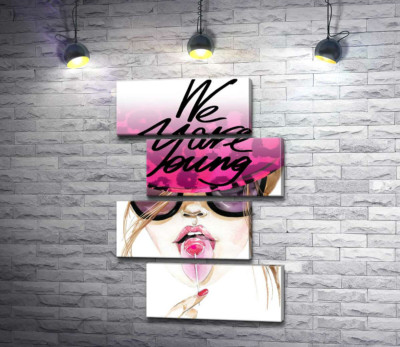 Модульна картина "Дівчина з льодяником в рожевій шляпі з написом "we are young""