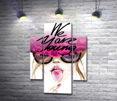 Девушка с леденцом в розовой шляпе с надписью "we are young"