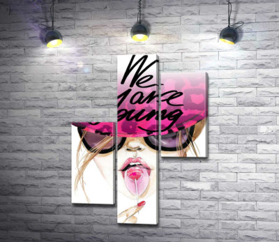 Девушка с леденцом в розовой шляпе с надписью "we are young"
