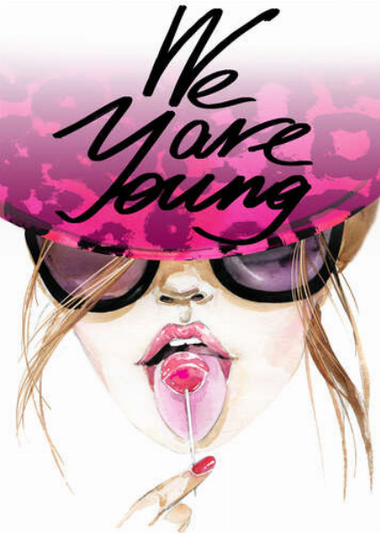 Девушка с леденцом в розовой шляпе с надписью "we are young"