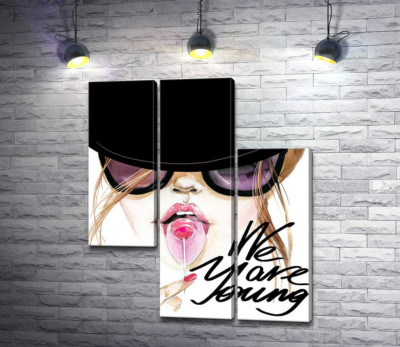 Модульная картина "Девушка с леденцом в черной шляпе с надписью "we are young""