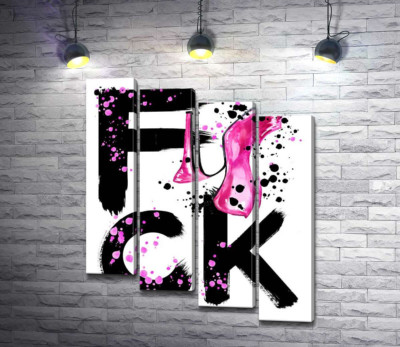 Модульна картина "Рожева туфелька повисла на чорному слові "fuck""