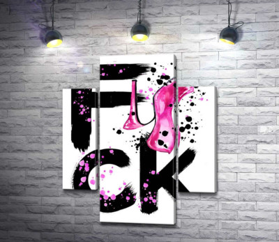 Модульна картина "Рожева туфелька повисла на чорному слові "fuck""