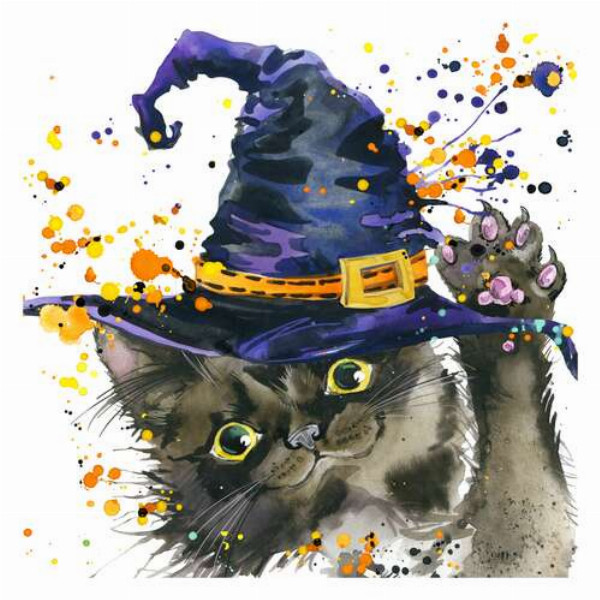 Черная кошка ведьма в синей шляпе тянет лапу вверх