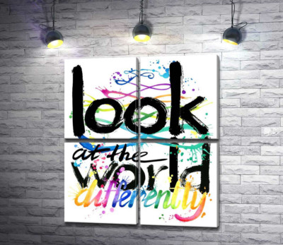 Модульна картина "Веселковий напис "look at the world differently""