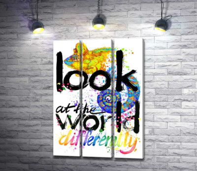 Модульная картина "Надпись "look at the world differently" с силуэтом хамелеона"