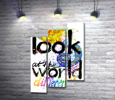 Модульна картина "Напис "look at the world differently" з силуетом хамелеона"