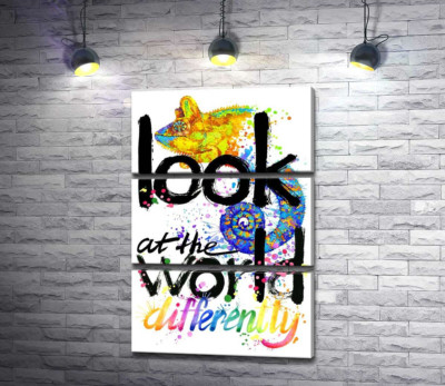 Модульная картина "Надпись "look at the world differently" с силуэтом хамелеона"