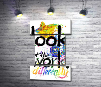 Напис "look at the world differently" з силуетом хамелеона