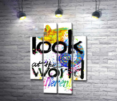 Модульная картина "Надпись "look at the world differently" с силуэтом хамелеона"